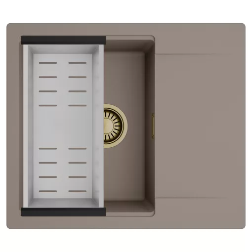 HD Onyx Tortora 58 egymedencés mosogatótálca szett, acél csepegtetőkosárral, csepegtetőtálcával, tortora színben, szálcsiszolt arany leeresztő szifonnal