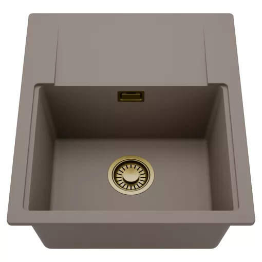 HD Onyx Tortora 58 egymedencés mosogatótálca, csepegtetőtálcával, tortora színben, szálcsiszolt arany leeresztő szifonnal