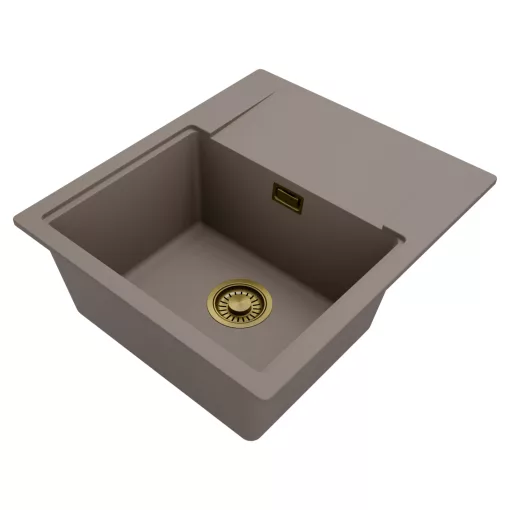 HD Onyx Tortora 58 egymedencés mosogatótálca, csepegtetőtálcával, tortora színben, szálcsiszolt arany leeresztő szifonnal