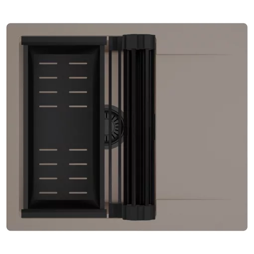 HD Onyx Tortora 58 egymedencés mosogatótálca szett, matt fekete csepegtetőráccsal és kosárral, csepegtetőtálcával, tortora színben, matt fekete leeresztő szifonnal