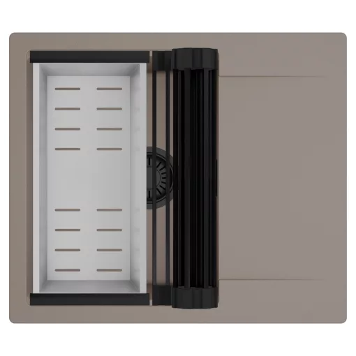 HD Onyx Tortora 58 egymedencés mosogatótálca szett, matt fekete csepegtetőráccsal és krómozott kosárral, csepegtetőtálcával, tortora színben, matt fekete leeresztő szifonnal