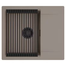 HD Onyx Tortora 58 egymedencés mosogatótálca szett, matt fekete csepegtetőráccsal, csepegtetőtálcával, tortora színben, matt fekete leeresztő szifonnal