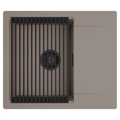 HD Onyx Tortora 58 egymedencés mosogatótálca szett, matt fekete csepegtetőráccsal, csepegtetőtálcával, tortora színben, matt fekete leeresztő szifonnal