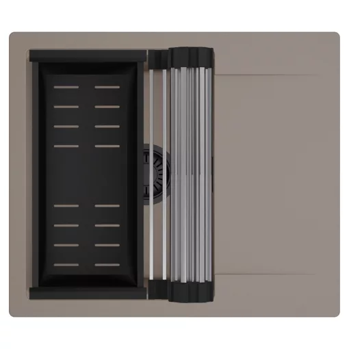 HD Onyx Tortora 58 egymedencés mosogatótálca szett, acél csepegtetőráccsal és matt fekete kosárral, csepegtetőtálcával, tortora színben, matt fekete leeresztő szifonnal