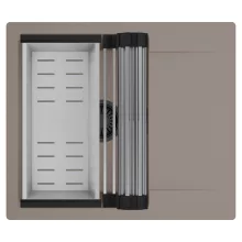 HD Onyx Tortora 58 egymedencés mosogatótálca szett, acél csepegtetőráccsal és kosárral, csepegtetőtálcával, tortora színben, matt fekete leeresztő szifonnal