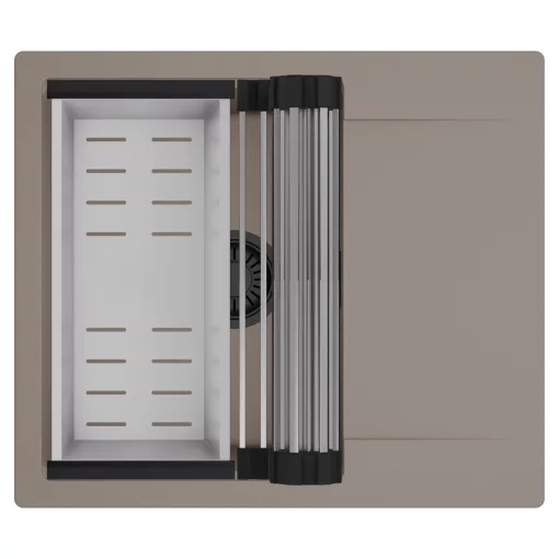 HD Onyx Tortora 58 egymedencés mosogatótálca szett, acél csepegtetőráccsal és kosárral, csepegtetőtálcával, tortora színben, matt fekete leeresztő szifonnal