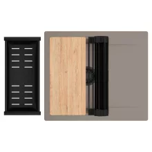 HD Onyx Tortora 58 egymedencés gránit mosogatótálca szett, csepegtetőtálcával, vágódeszkával, matt fekete csepegtetőráccsal és kosárral, tortora színben, matt fekete leeresztő szifonnal