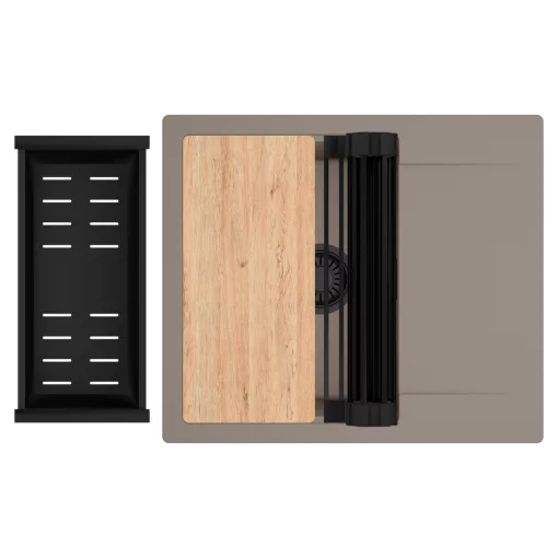 HD Onyx Tortora 58 egymedencés gránit mosogatótálca szett, csepegtetőtálcával, vágódeszkával, matt fekete csepegtetőráccsal és kosárral, tortora színben, matt fekete leeresztő szifonnal