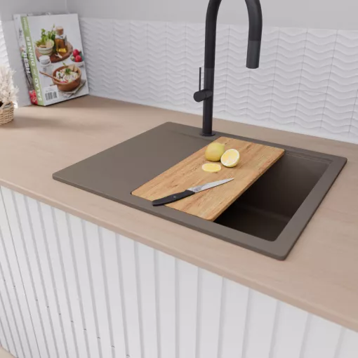 HD Onyx Tortora 58 egymedencés gránit mosogatótálca szett, csepegtetőtálcával, vágódeszkával, matt fekete csepegtetőráccsal és kosárral, tortora színben, matt fekete leeresztő szifonnal