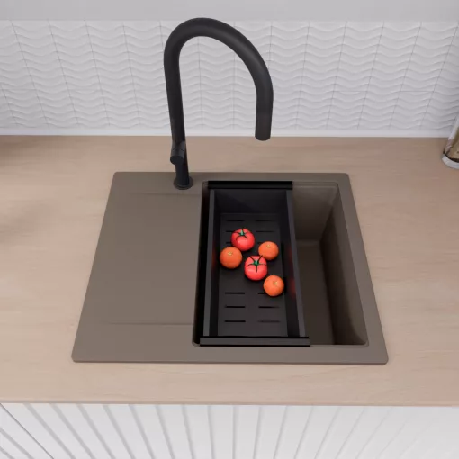 HD Onyx Tortora 58 egymedencés gránit mosogatótálca szett, csepegtetőtálcával, vágódeszkával, matt fekete csepegtetőráccsal és kosárral, tortora színben, matt fekete leeresztő szifonnal