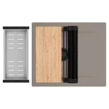 HD Onyx Tortora 58 egymedencés gránit mosogatótálca szett, csepegtetőtálcával, vágódeszkával, matt fekete csepegtetőráccsal és krómozott kosárral, tortora színben, matt fekete leeresztő szifonnal