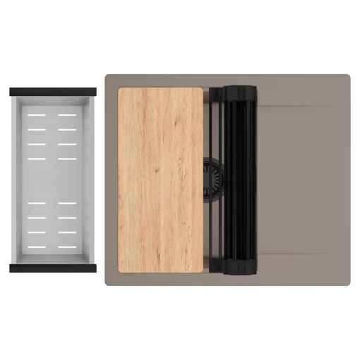 HD Onyx Tortora 58 egymedencés gránit mosogatótálca szett, csepegtetőtálcával, vágódeszkával, matt fekete csepegtetőráccsal és krómozott kosárral, tortora színben, matt fekete leeresztő szifonnal