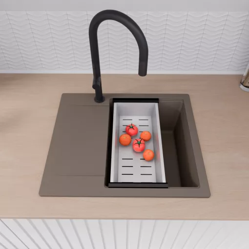 HD Onyx Tortora 58 egymedencés gránit mosogatótálca szett, csepegtetőtálcával, vágódeszkával, matt fekete csepegtetőráccsal és krómozott kosárral, tortora színben, matt fekete leeresztő szifonnal