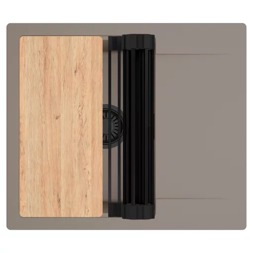 HD Onyx Tortora 58 egymedencés gránit mosogatótálca szett, csepegtetőtálcával, vágódeszkával, matt fekete csepegtetőráccsal, tortora színben, matt fekete leeresztő szifonnal