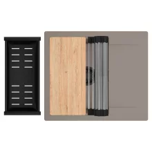 HD Onyx Tortora 58 egymedencés gránit mosogatótálca szett, csepegtetőtálcával, vágódeszkával, acél csepegtetőráccsal és matt fekete kosárral, tortora színben, matt fekete leeresztő szifonnal