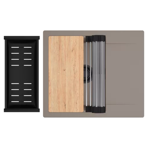 HD Onyx Tortora 58 egymedencés gránit mosogatótálca szett, csepegtetőtálcával, vágódeszkával, acél csepegtetőráccsal és matt fekete kosárral, tortora színben, matt fekete leeresztő szifonnal