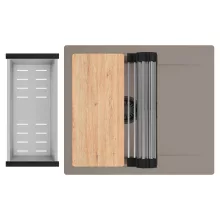 HD Onyx Tortora 58 egymedencés gránit mosogatótálca szett, csepegtetőtálcával, vágódeszkával, acél csepegtetőráccsal és kosárral, tortora színben, matt fekete leeresztő szifonnal