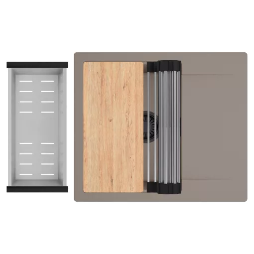 HD Onyx Tortora 58 egymedencés gránit mosogatótálca szett, csepegtetőtálcával, vágódeszkával, acél csepegtetőráccsal és kosárral, tortora színben, matt fekete leeresztő szifonnal