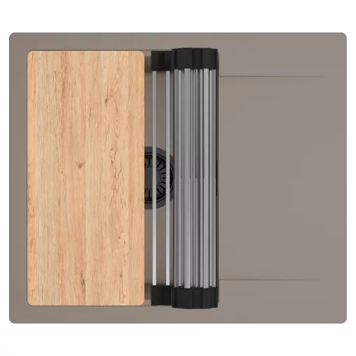 HD Onyx Tortora 58 egymedencés gránit mosogatótálca szett, csepegtetőtálcával, vágódeszkával, acél csepegtetőráccsal, tortora színben, matt fekete leeresztő szifonnal