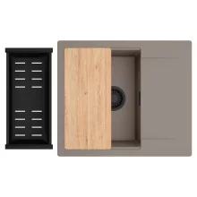 HD Onyx Tortora 58 egymedencés gránit mosogatótálca szett, csepegtetőtálcával, vágódeszkával, matt fekete csepegtetőkosárral, tortora színben, matt fekete leeresztő szifonnal