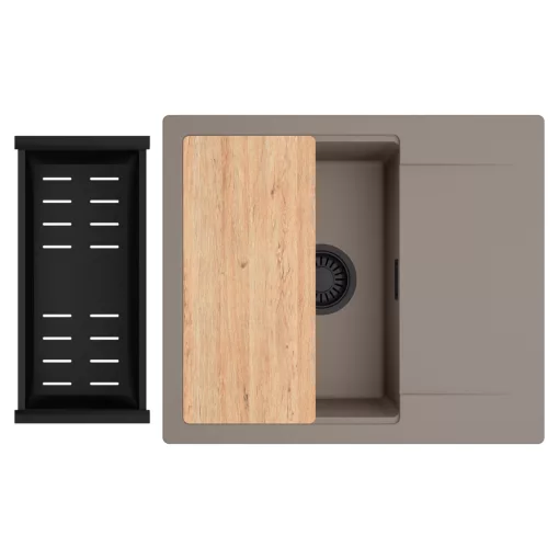 HD Onyx Tortora 58 egymedencés gránit mosogatótálca szett, csepegtetőtálcával, vágódeszkával, matt fekete csepegtetőkosárral, tortora színben, matt fekete leeresztő szifonnal