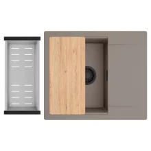 HD Onyx Tortora 58 egymedencés gránit mosogatótálca szett, csepegtetőtálcával, vágódeszkával, acél csepegtetőkosárral, tortora színben, matt fekete leeresztő szifonnal