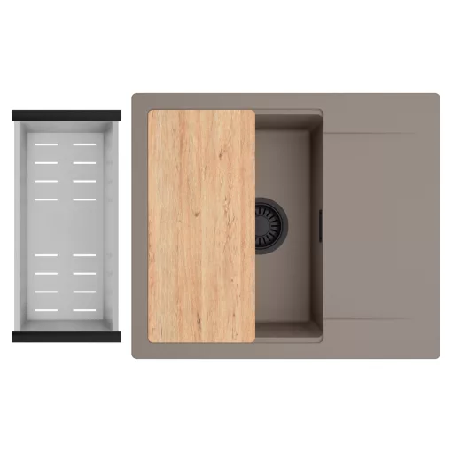 HD Onyx Tortora 58 egymedencés gránit mosogatótálca szett, csepegtetőtálcával, vágódeszkával, acél csepegtetőkosárral, tortora színben, matt fekete leeresztő szifonnal