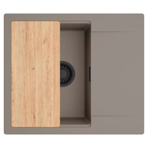HD Onyx Tortora 58 egymedencés gránit mosogatótálca, vágódeszkával, tortora színben, matt fekete leeresztő szifonnal