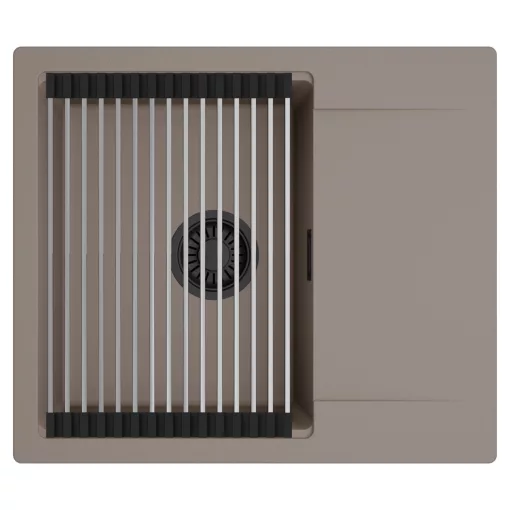 HD Onyx Tortora 58 egymedencés mosogatótálca szett, acél csepegtetőráccsal, csepegtetőtálcával, tortora színben, matt fekete leeresztő szifonnal