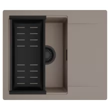 HD Onyx Tortora 58 egymedencés mosogatótálca szett, matt fekete csepegtetőkosárral, csepegtetőtálcával, tortora színben, matt fekete leeresztő szifonnal