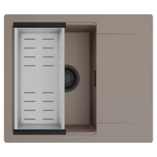 HD Onyx Tortora 58 egymedencés mosogatótálca szett, acél csepegtetőkosárral, csepegtetőtálcával, tortora színben, matt fekete leeresztő szifonnal