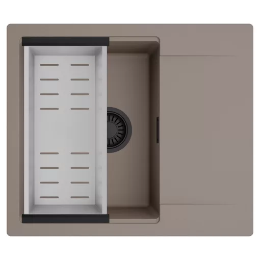 HD Onyx Tortora 58 egymedencés mosogatótálca szett, acél csepegtetőkosárral, csepegtetőtálcával, tortora színben, matt fekete leeresztő szifonnal