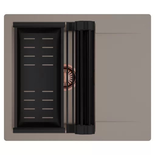 HD Onyx Tortora 58 egymedencés mosogatótálca szett, matt fekete csepegtetőráccsal és kosárral, csepegtetőtálcával, tortora színben, szálcsiszolt réz leeresztő szifonnal