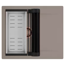 HD Onyx Tortora 58 egymedencés mosogatótálca szett, matt fekete csepegtetőráccsal és krómozott kosárral, csepegtetőtálcával, tortora színben, szálcsiszolt réz leeresztő szifonnal