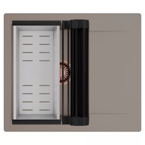 HD Onyx Tortora 58 egymedencés mosogatótálca szett, matt fekete csepegtetőráccsal és krómozott kosárral, csepegtetőtálcával, tortora színben, szálcsiszolt réz leeresztő szifonnal