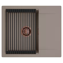 HD Onyx Tortora 58 egymedencés mosogatótálca szett, matt fekete csepegtetőráccsal, csepegtetőtálcával, tortora színben, szálcsiszolt réz leeresztő szifonnal