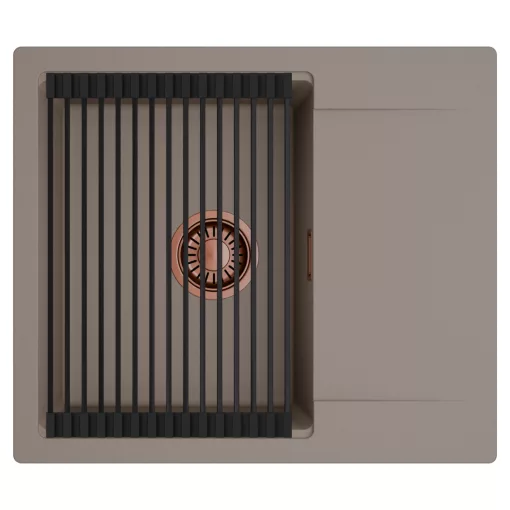 HD Onyx Tortora 58 egymedencés mosogatótálca szett, matt fekete csepegtetőráccsal, csepegtetőtálcával, tortora színben, szálcsiszolt réz leeresztő szifonnal