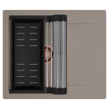 HD Onyx Tortora 58 egymedencés mosogatótálca szett, acél csepegtetőráccsal és matt fekete kosárral, csepegtetőtálcával, tortora színben, szálcsiszolt réz leeresztő szifonnal