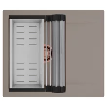 HD Onyx Tortora 58 egymedencés mosogatótálca szett, acél csepegtetőráccsal és kosárral, csepegtetőtálcával, tortora színben, szálcsiszolt réz leeresztő szifonnal