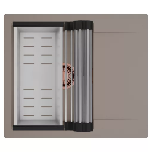 HD Onyx Tortora 58 egymedencés mosogatótálca szett, acél csepegtetőráccsal és kosárral, csepegtetőtálcával, tortora színben, szálcsiszolt réz leeresztő szifonnal