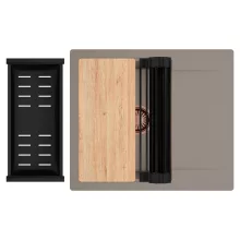 HD Onyx Tortora 58 egymedencés gránit mosogatótálca szett, csepegtetőtálcával, vágódeszkával, matt fekete csepegtetőráccsal és kosárral, tortora színben, szálcsiszolt réz leeresztő szifonnal