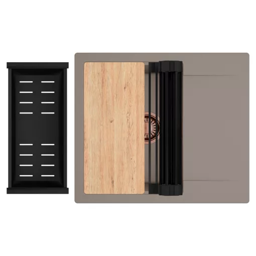 HD Onyx Tortora 58 egymedencés gránit mosogatótálca szett, csepegtetőtálcával, vágódeszkával, matt fekete csepegtetőráccsal és kosárral, tortora színben, szálcsiszolt réz leeresztő szifonnal