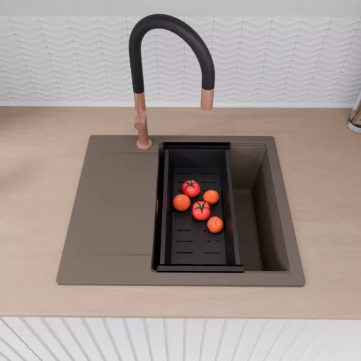 HD Onyx Tortora 58 egymedencés gránit mosogatótálca szett, csepegtetőtálcával, vágódeszkával, matt fekete csepegtetőráccsal és kosárral, tortora színben, szálcsiszolt réz leeresztő szifonnal