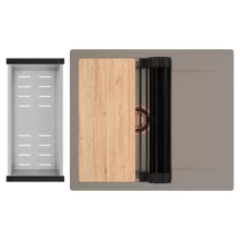 HD Onyx Tortora 58 egymedencés gránit mosogatótálca szett, csepegtetőtálcával, vágódeszkával, matt fekete csepegtetőráccsal és krómozott kosárral, tortora színben, szálcsiszolt réz leeresztő szifonnal