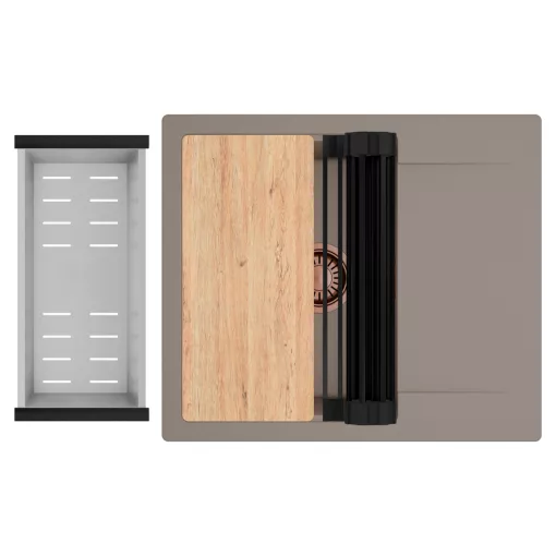 HD Onyx Tortora 58 egymedencés gránit mosogatótálca szett, csepegtetőtálcával, vágódeszkával, matt fekete csepegtetőráccsal és krómozott kosárral, tortora színben, szálcsiszolt réz leeresztő szifonnal