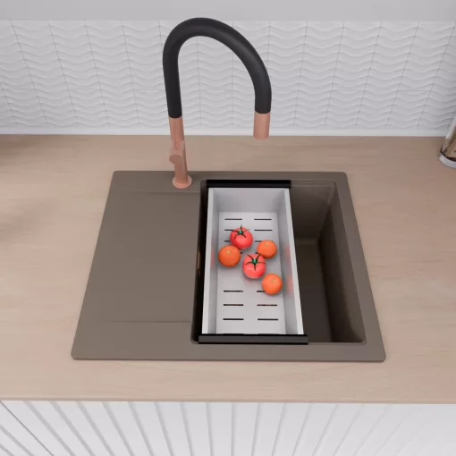 HD Onyx Tortora 58 egymedencés gránit mosogatótálca szett, csepegtetőtálcával, vágódeszkával, matt fekete csepegtetőráccsal és krómozott kosárral, tortora színben, szálcsiszolt réz leeresztő szifonnal