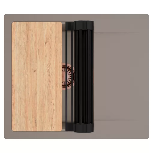 HD Onyx Tortora 58 egymedencés gránit mosogatótálca szett, csepegtetőtálcával, vágódeszkával, matt fekete csepegtetőráccsal, tortora színben, szálcsiszolt réz leeresztő szifonnal