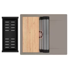 HD Onyx Tortora 58 egymedencés gránit mosogatótálca szett, csepegtetőtálcával, vágódeszkával, acél csepegtetőráccsal és matt fekete kosárral, tortora színben, szálcsiszolt réz leeresztő szifonnal