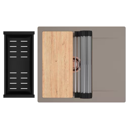 HD Onyx Tortora 58 egymedencés gránit mosogatótálca szett, csepegtetőtálcával, vágódeszkával, acél csepegtetőráccsal és matt fekete kosárral, tortora színben, szálcsiszolt réz leeresztő szifonnal