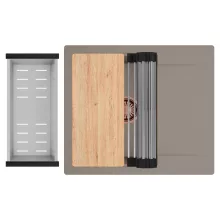 HD Onyx Tortora 58 egymedencés gránit mosogatótálca szett, csepegtetőtálcával, vágódeszkával, acél csepegtetőráccsal és kosárral, tortora színben, szálcsiszolt réz leeresztő szifonnal